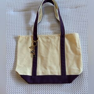 Cream Canvas Tote with Purple Trim and Gold Charm